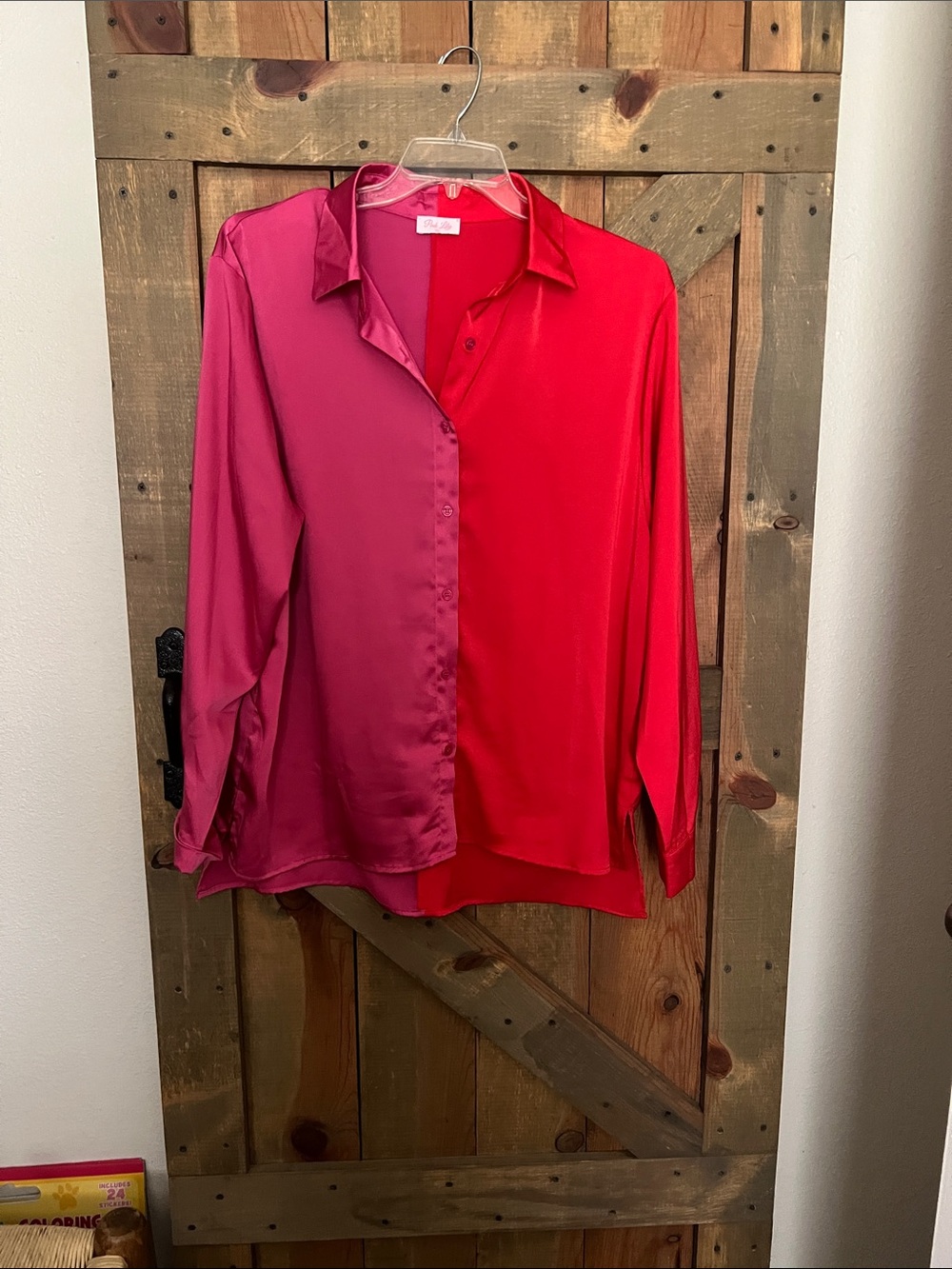 Pink Lily Two-Tone Pink & Red Satin Button-Down Shirt